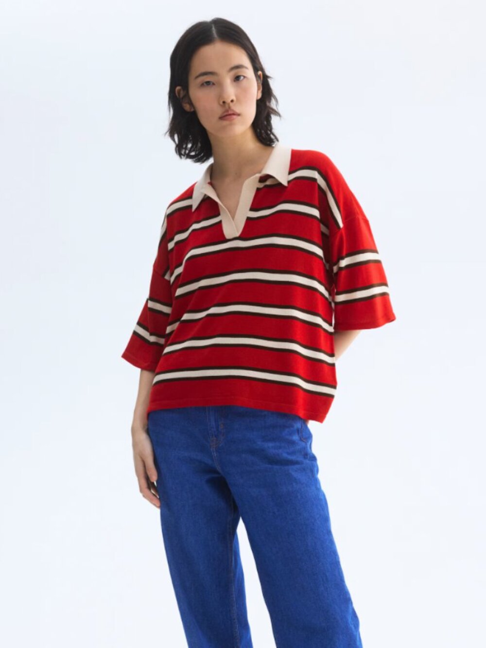 H&M NWOT Fine-knit Polo Shirt Oversized with Open Collar red beige brown striped